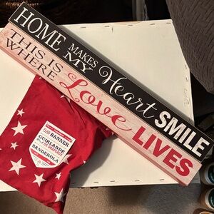 Crate&Barrel Red and White Star Banner & two Valentines wood blocks